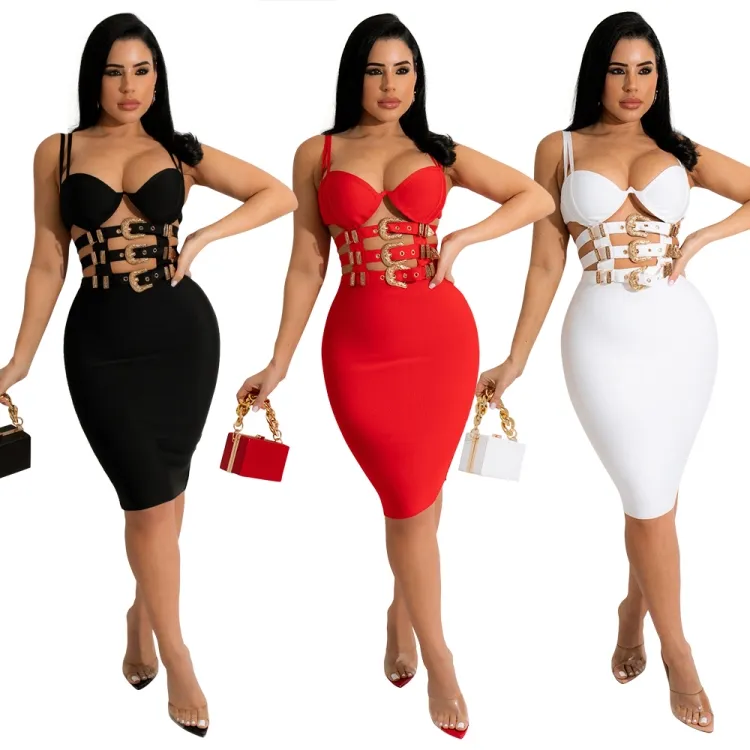 Women Summer Red Sexy Halter Sleeveless Solid Zippers Pencil Midi Dress