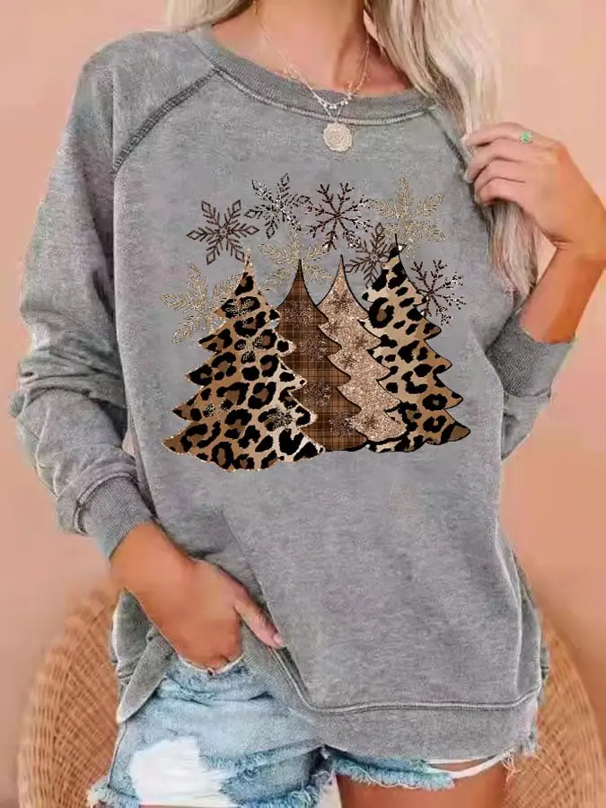 Women's Leopard   Tree Print Casual Crewneck Sweatshirt