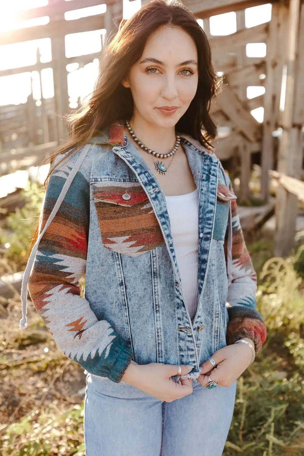 Aztec Print Frayed Hem Denim Jacket