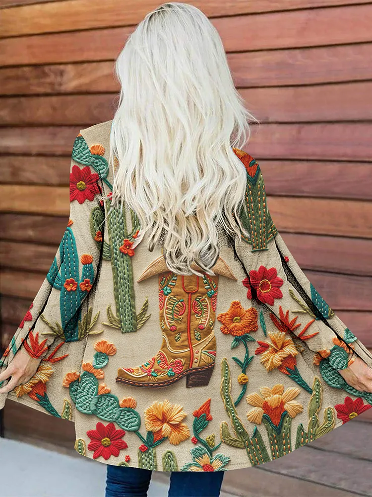 Western Vintage Boots And Floral Cozy Casual Cardigan