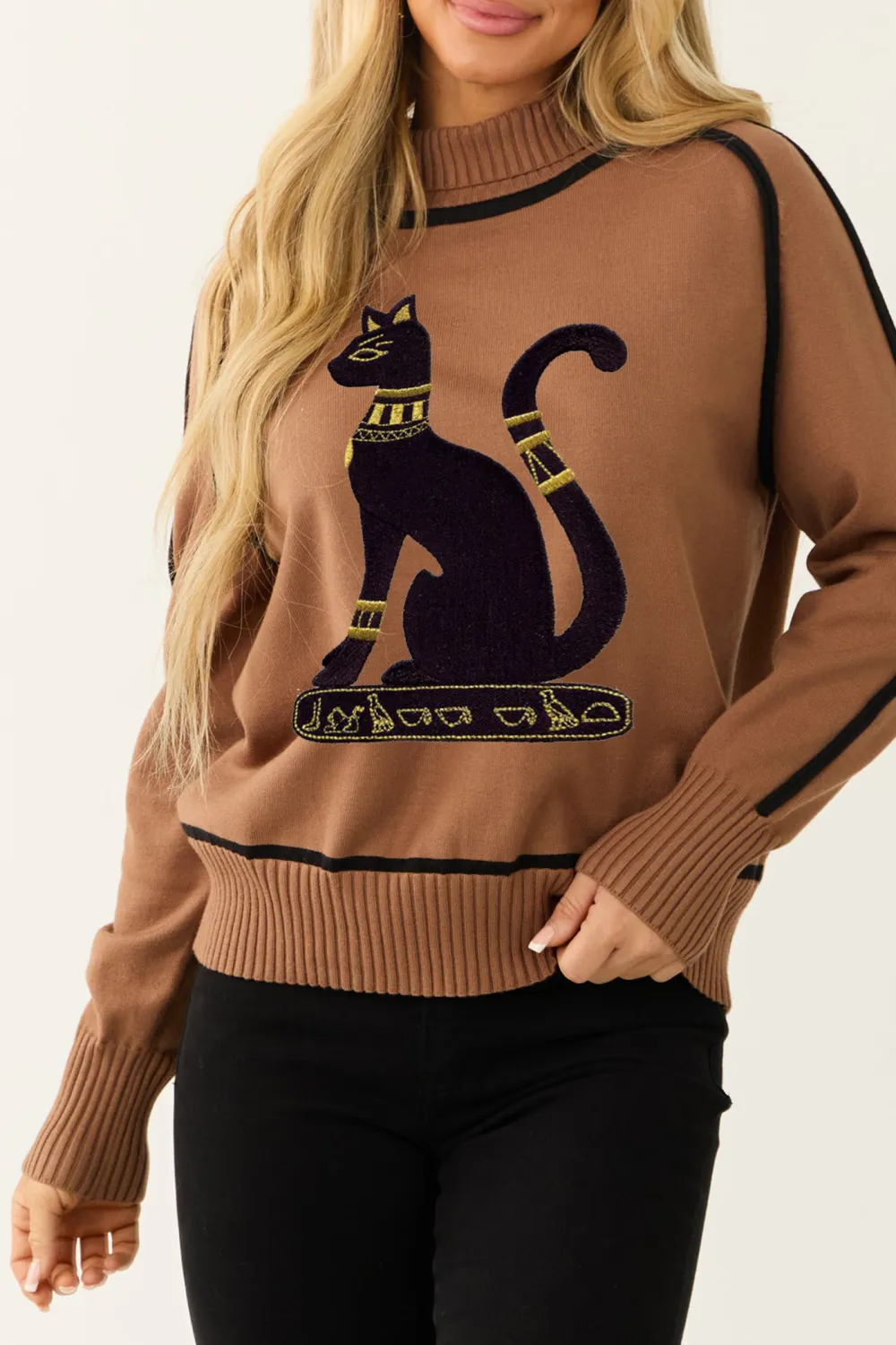 Cognac Contrast Trim Turtleneck Sweater