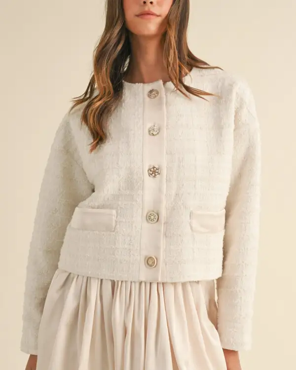 Jewel Button Up Tweed Jacket - Cream