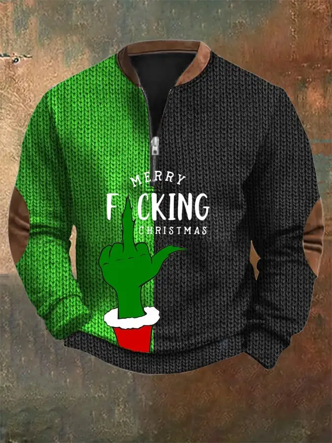 Men's Woolen Christmas Print Zip-Up Sweatshirt