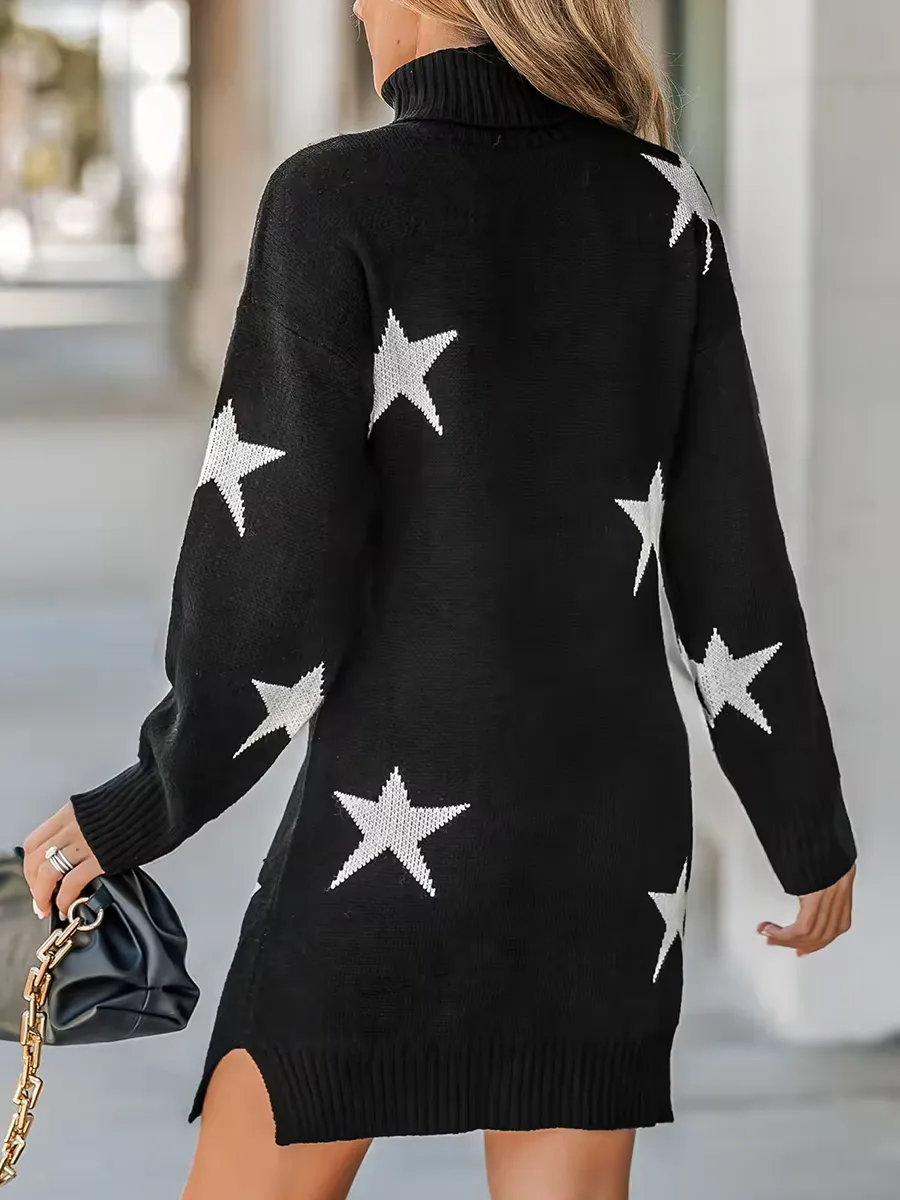 Women's Star Print Turtleneck Mini Sweater Dress