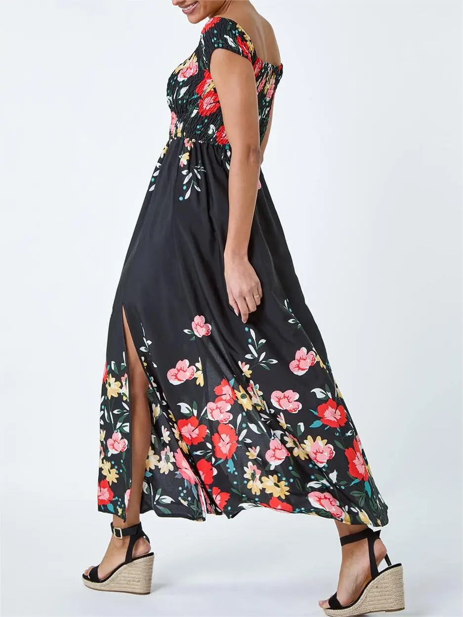 Floral off-shoulder slit dress