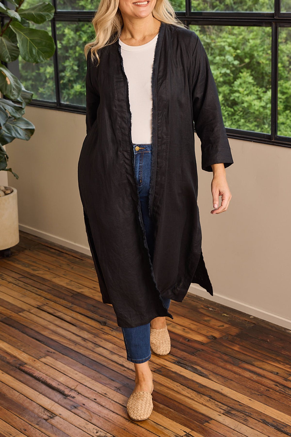 Long Line Fringed Linen Duster Jacket In Black