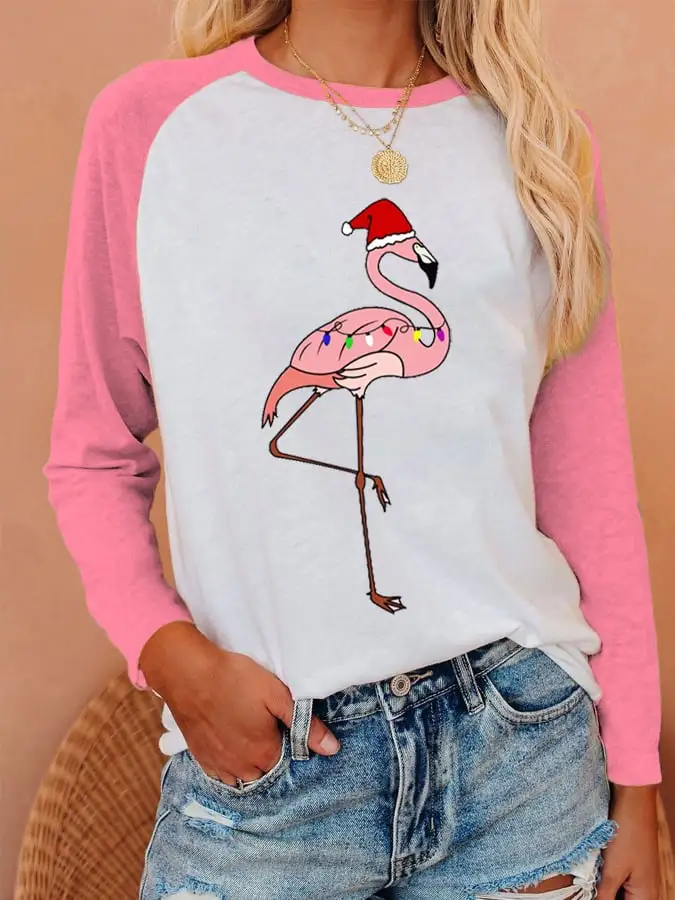 Women's   Flamingo Print Casual Long-Sleeve T-Shirt