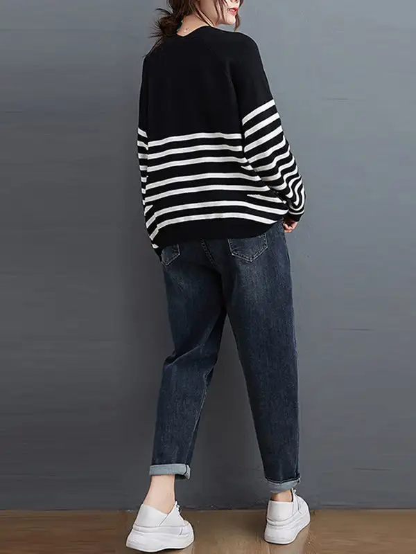 Artistic Retro Casual Loose Striped V-Neck Long Sleeves Knitted Sweater