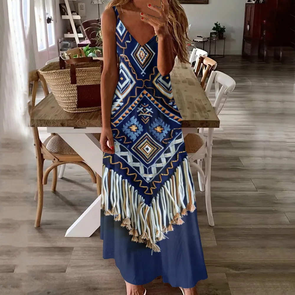 Western Ethnic Fringed Print V-Neck Maxi Dress