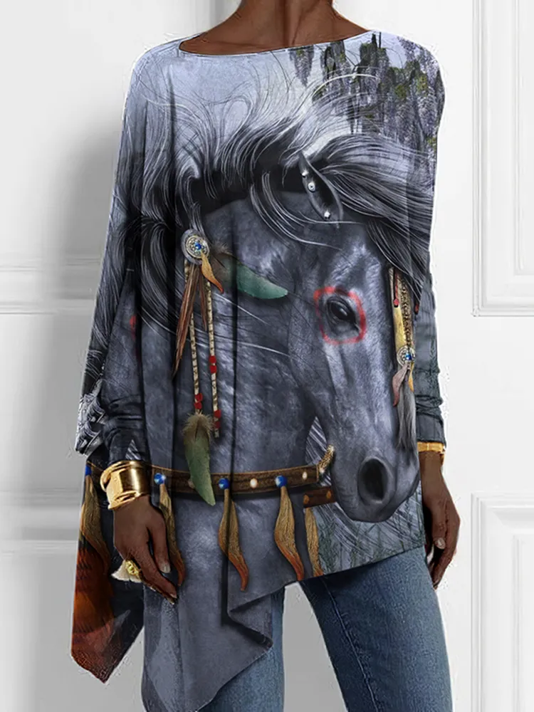 Western Horse Print Round Neck Loose Casual Tunic