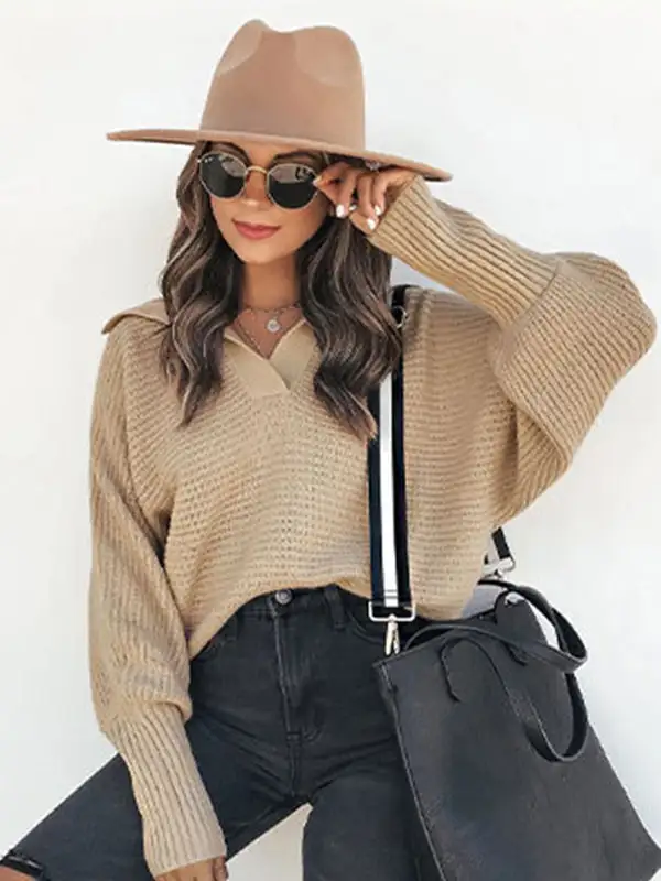 Long Sleeves Solid Color Lapel V-Neck Sweater Tops