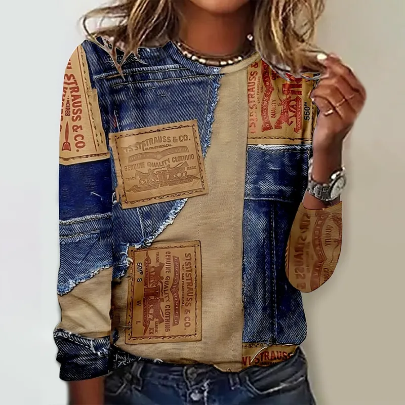 Vintage Western Denim Print Casual T-Shirt