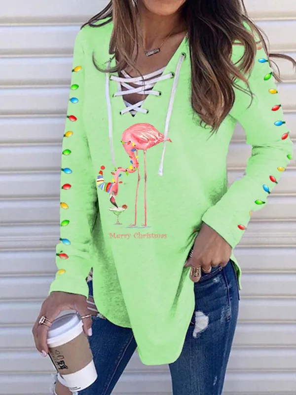 Women's Merry   Flamingo Print V-Neck Long-Sleeve T-Shirt