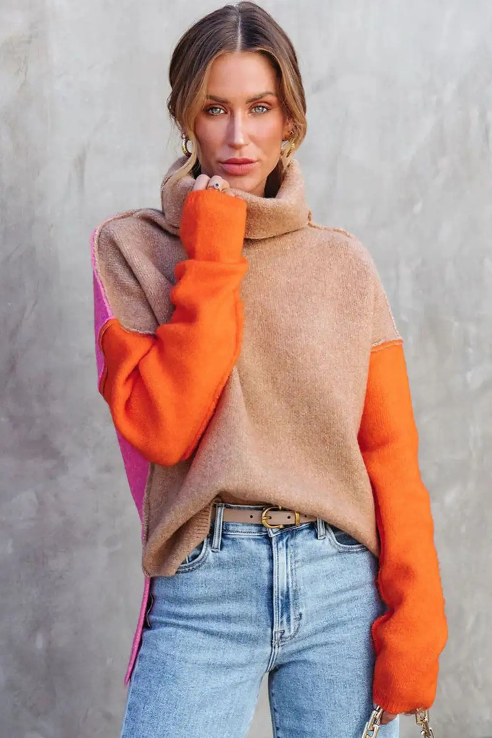 Color Block Turtle Neck Drop Shoulder Knit Sweater