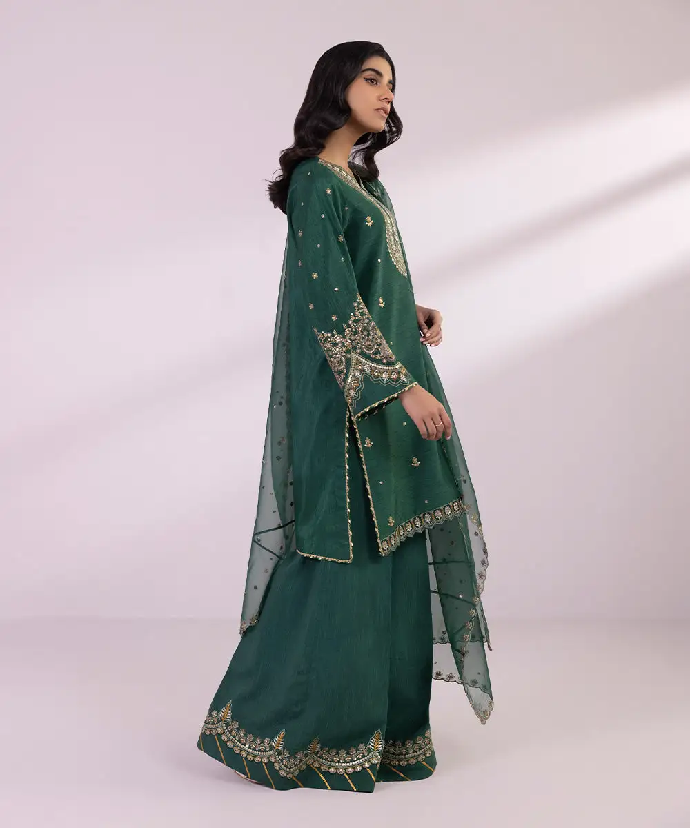 3 Piece - Embroidered Raw Silk Suit