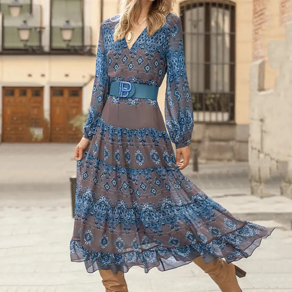 Baroque Print V-Neck Long Sleeved Midi Dress