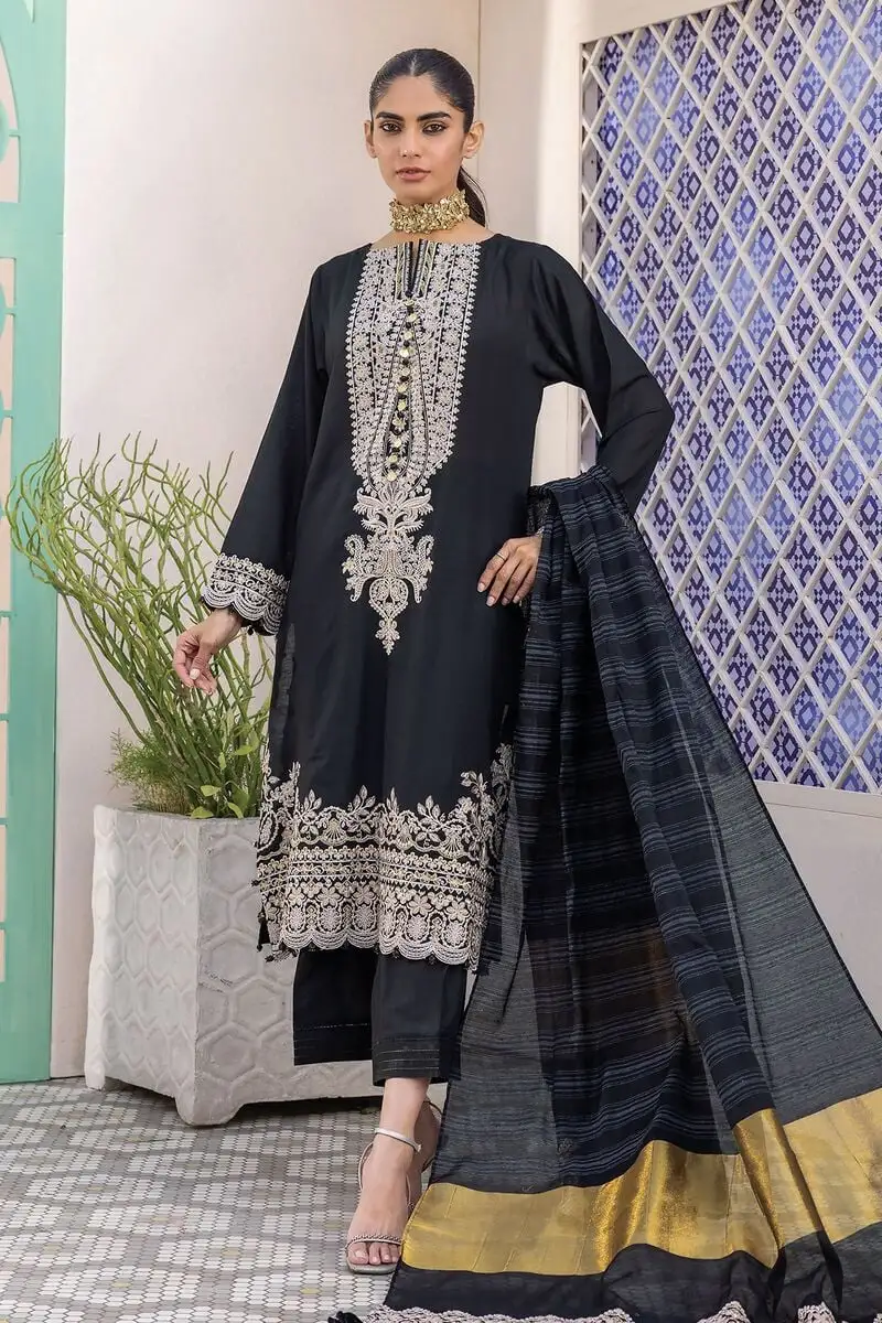 3 Piece Kurta Embroidered | Dupatta& Bottom & Tops | Color Black