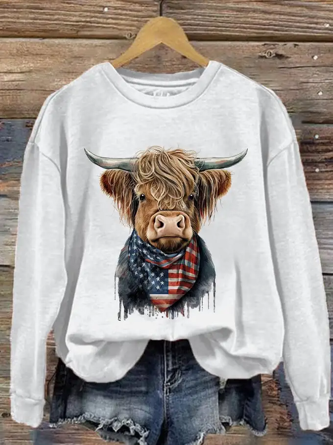 🔥Buy 3 Get 10% Off🔥🔥Buy 3 Get 10% Off🔥Women's Western F Highland Cow Flag Print Sweatshirt