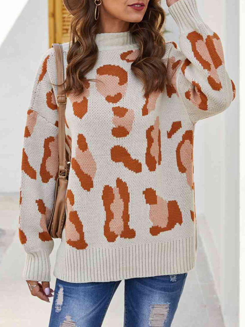 Leopard Mock Neck Dropped Shoulder Sweater