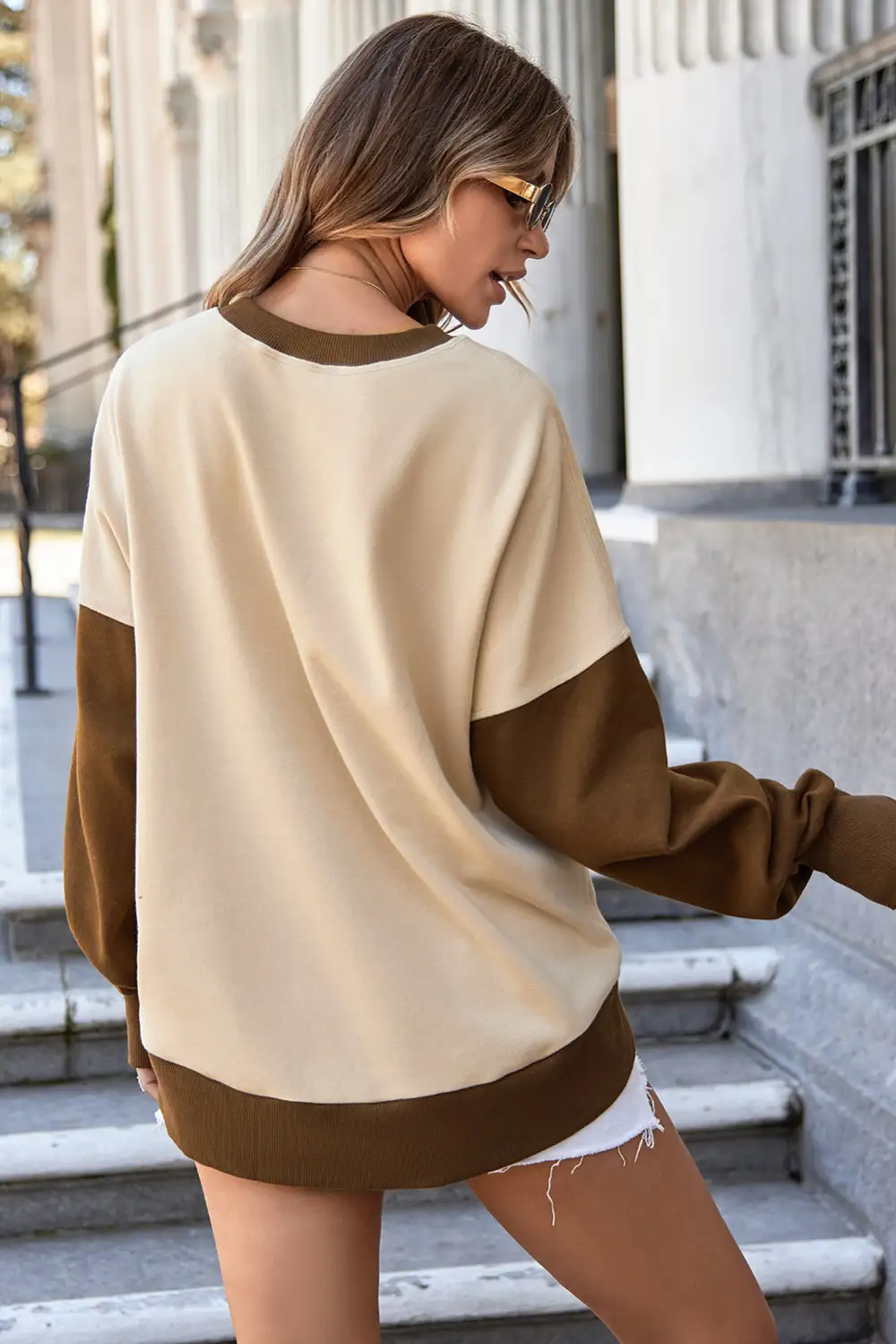 Apricot Color Block Thumbhole Sleeve Drop Shoulder Sweatshirt