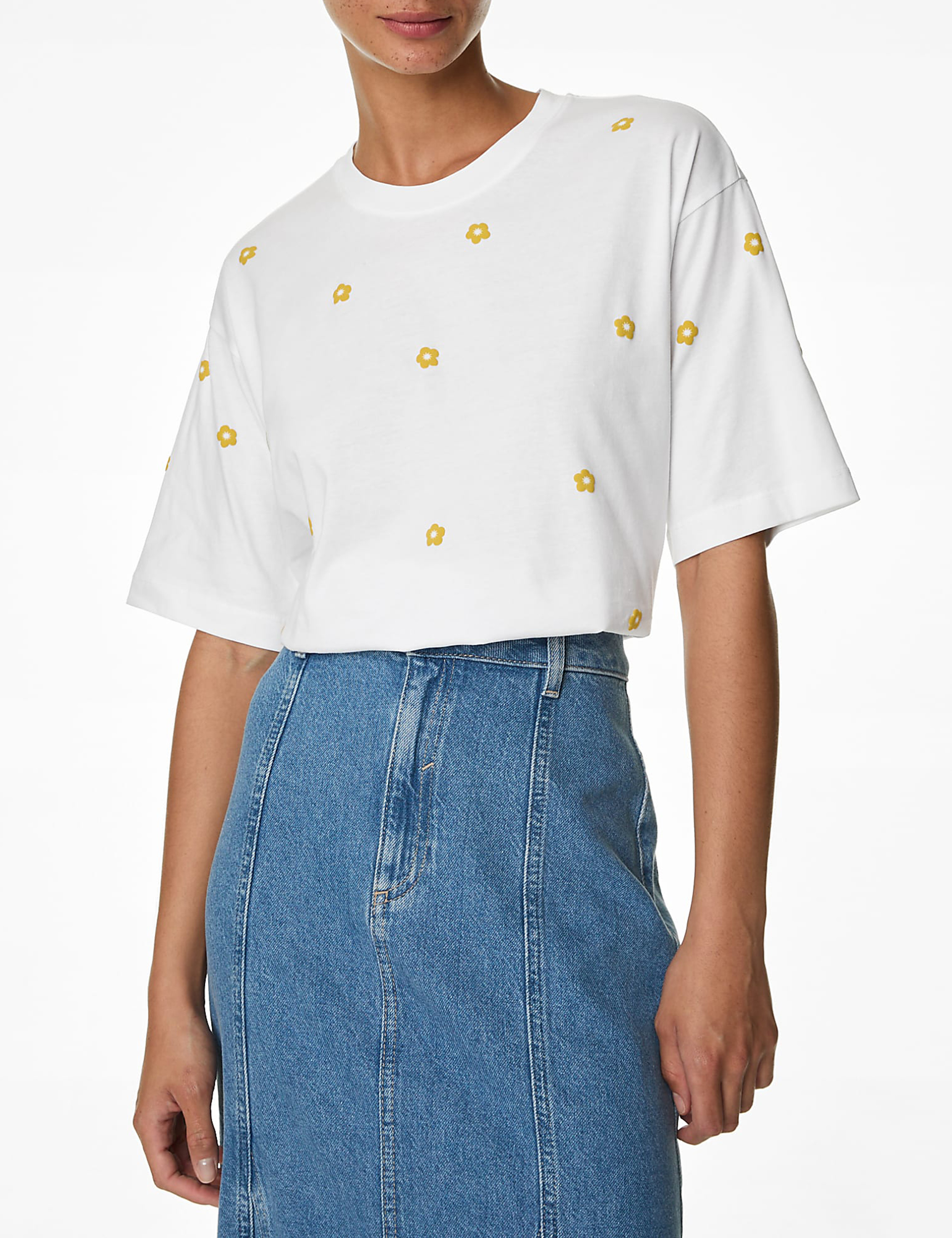 Pure Cotton Boxy Embroidered Floral T-Shirt