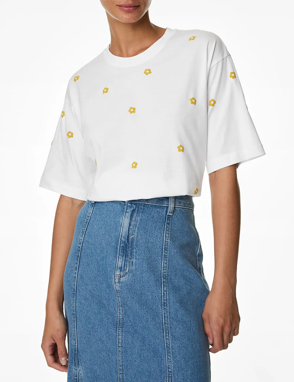 Pure Cotton Boxy Embroidered Floral T-Shirt