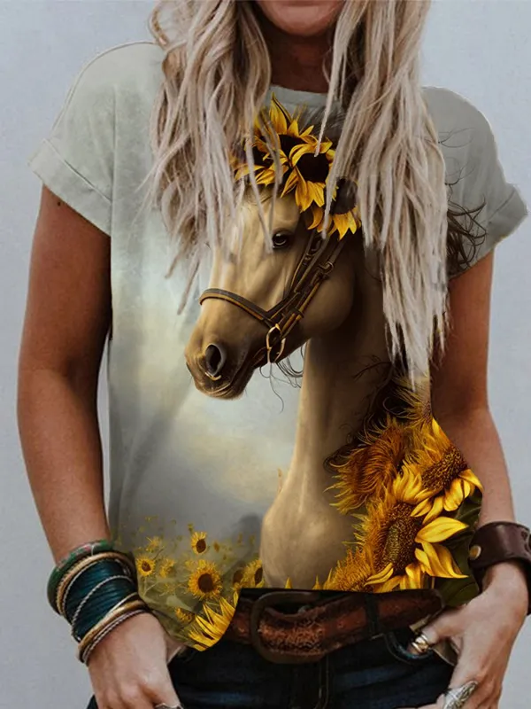 Horse With Sunflowers Art Short Sleeve T Shirt