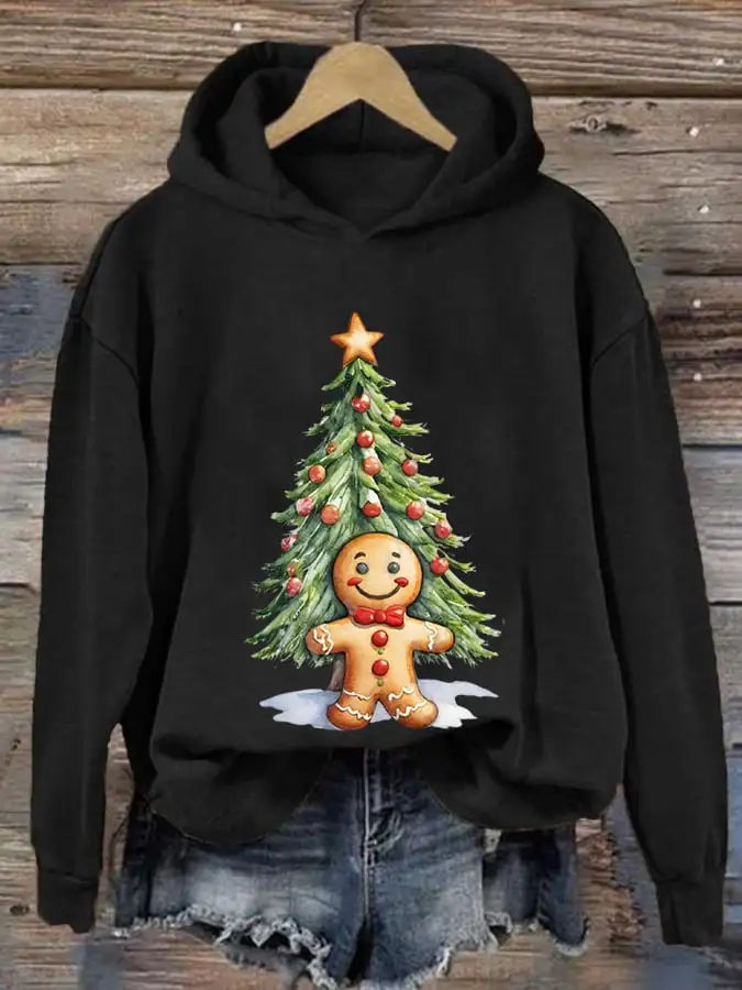 Women's Christmas Gingerbread Man Print Casual Hooded