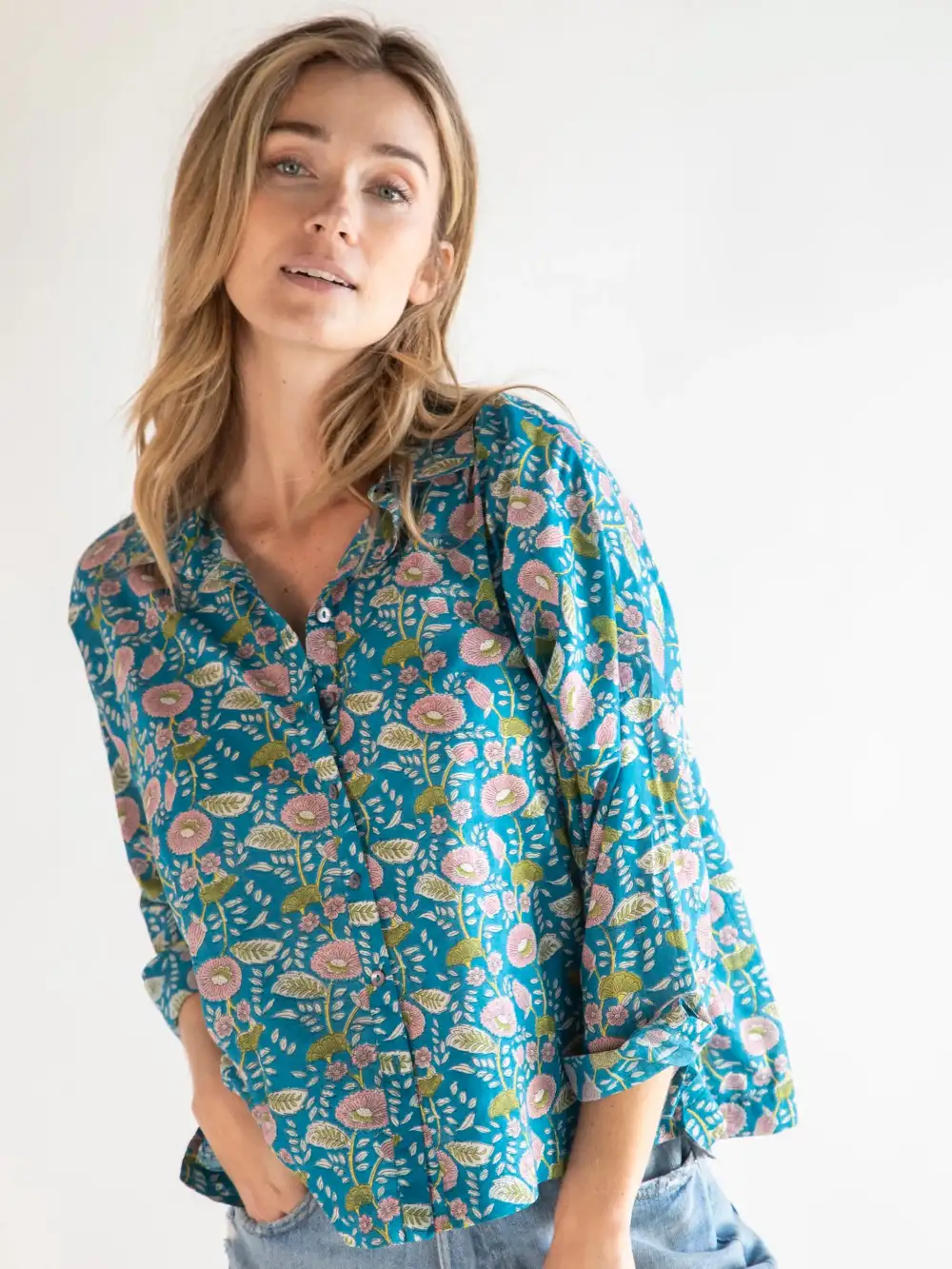 Lara Button Down - Blue Pink Floral Vines