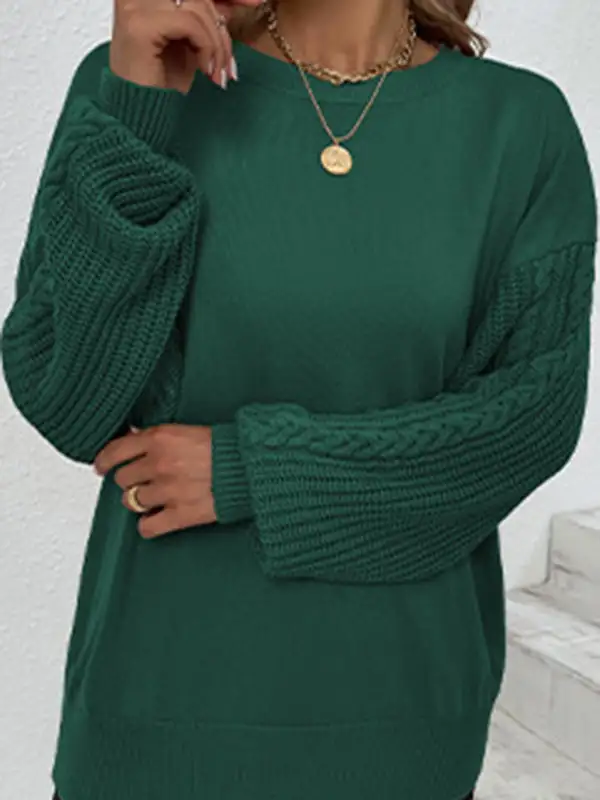 Knitted Twist Long Sleeves Solid Color Round-Neck Sweater Tops