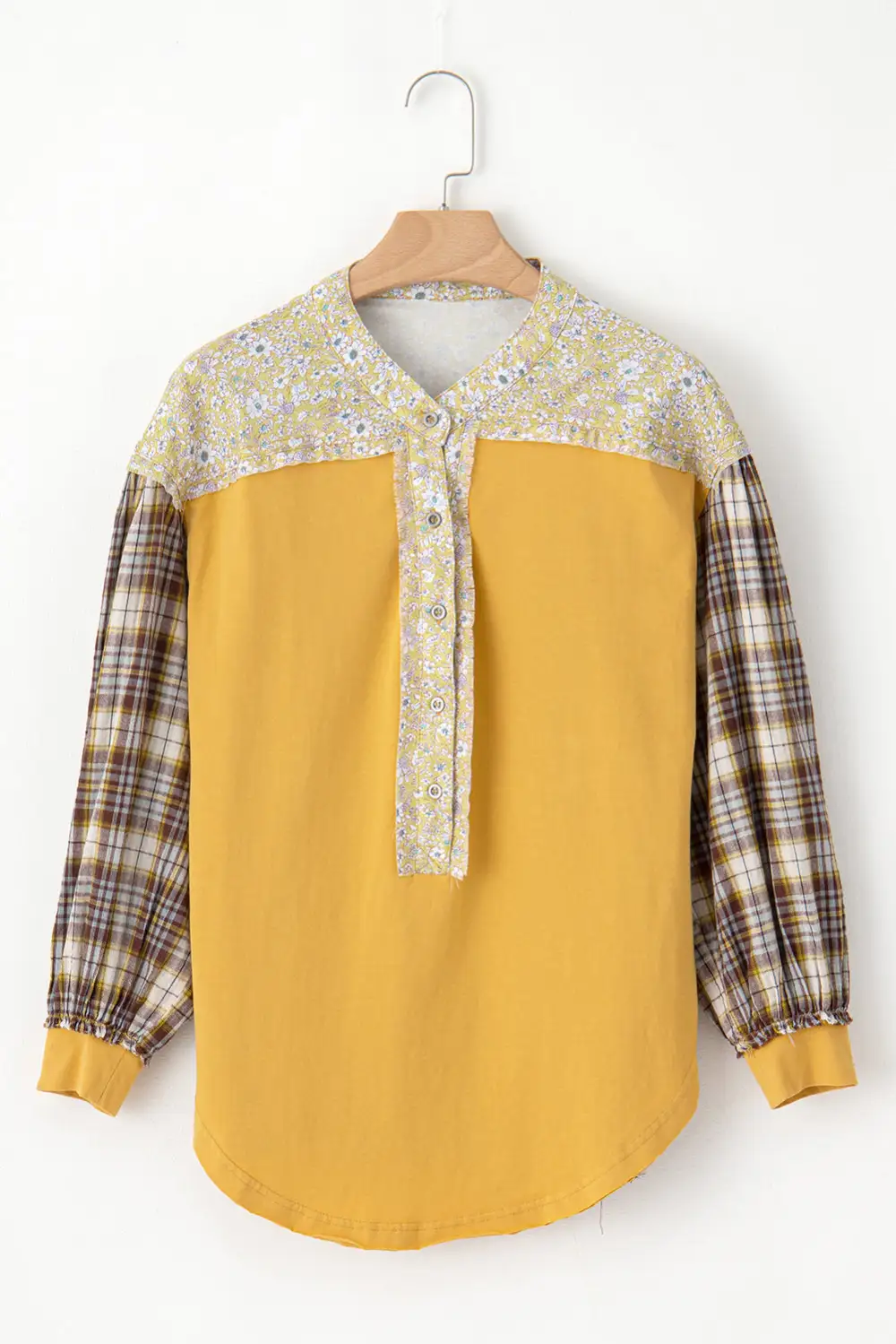 Yellow Floral Plaid Mixed Print Bishop Sleeve Patchwork Top