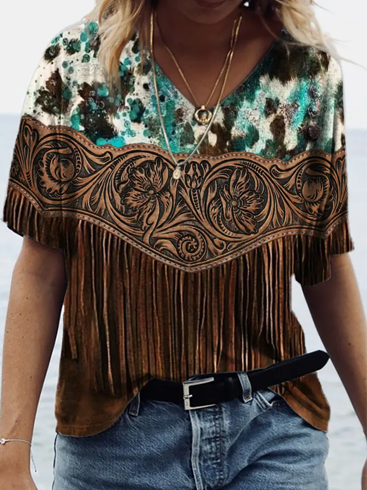 Turquoise Bleach Cowhide Floral Leather Art T Shirt