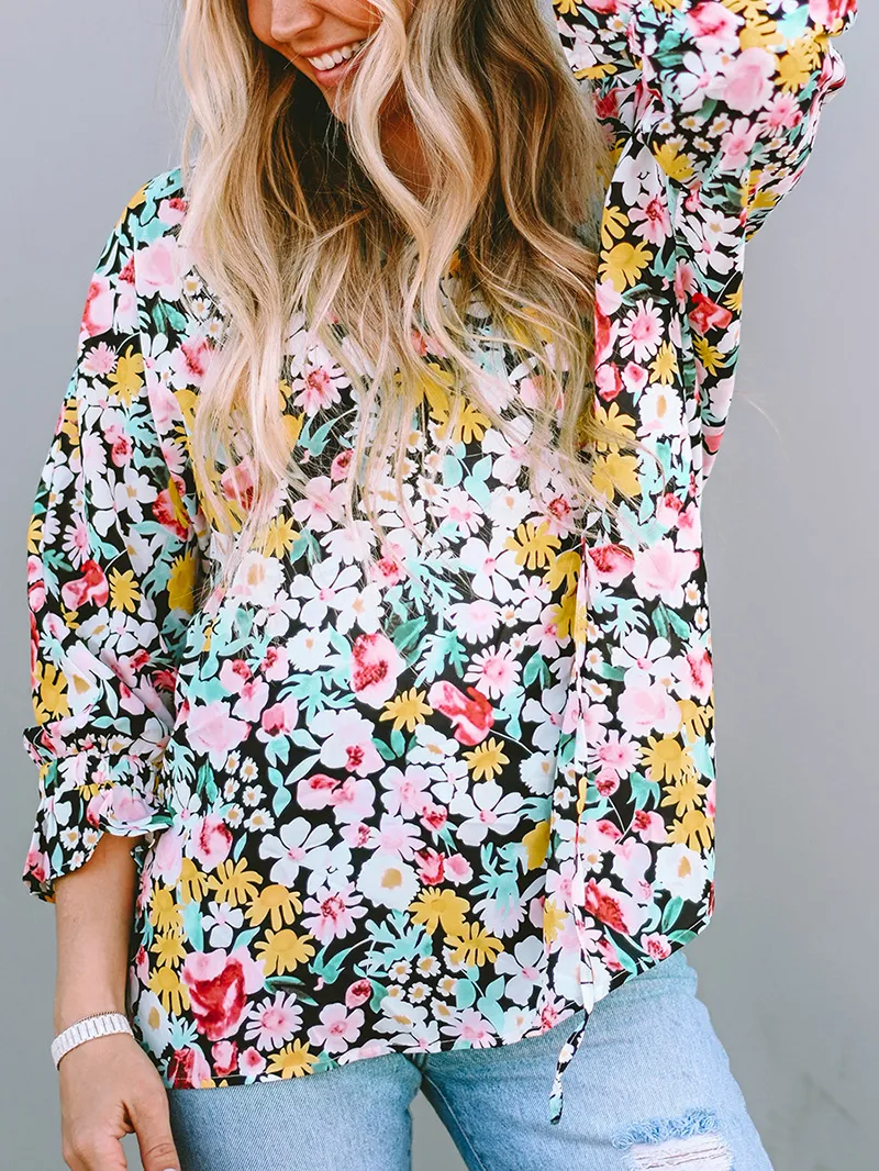 FLORAL NOTCHED V-NECK PUFF SLEEVE BLOUSE