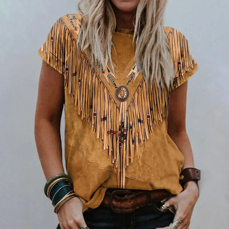 Western Vintage Tassels Art Round Neck Casual T-Shirt