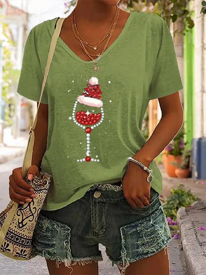 Women's Shiny Christmas Hat Red Wine Glass Casual V-Neck Tee