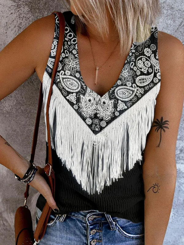 Western Paisley Tassels Button Up Tank Top