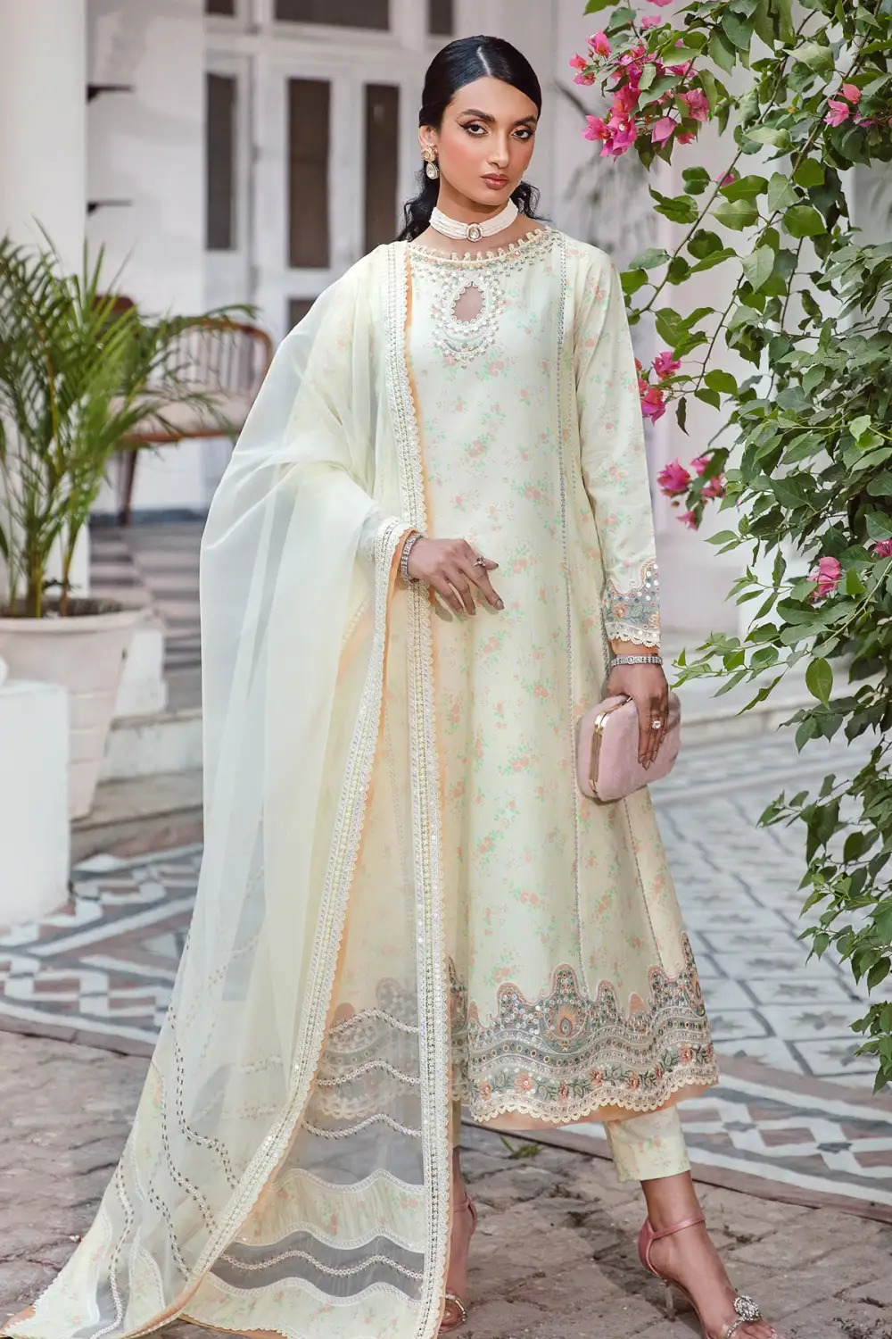 Lime Primerose Embroidered Lawn