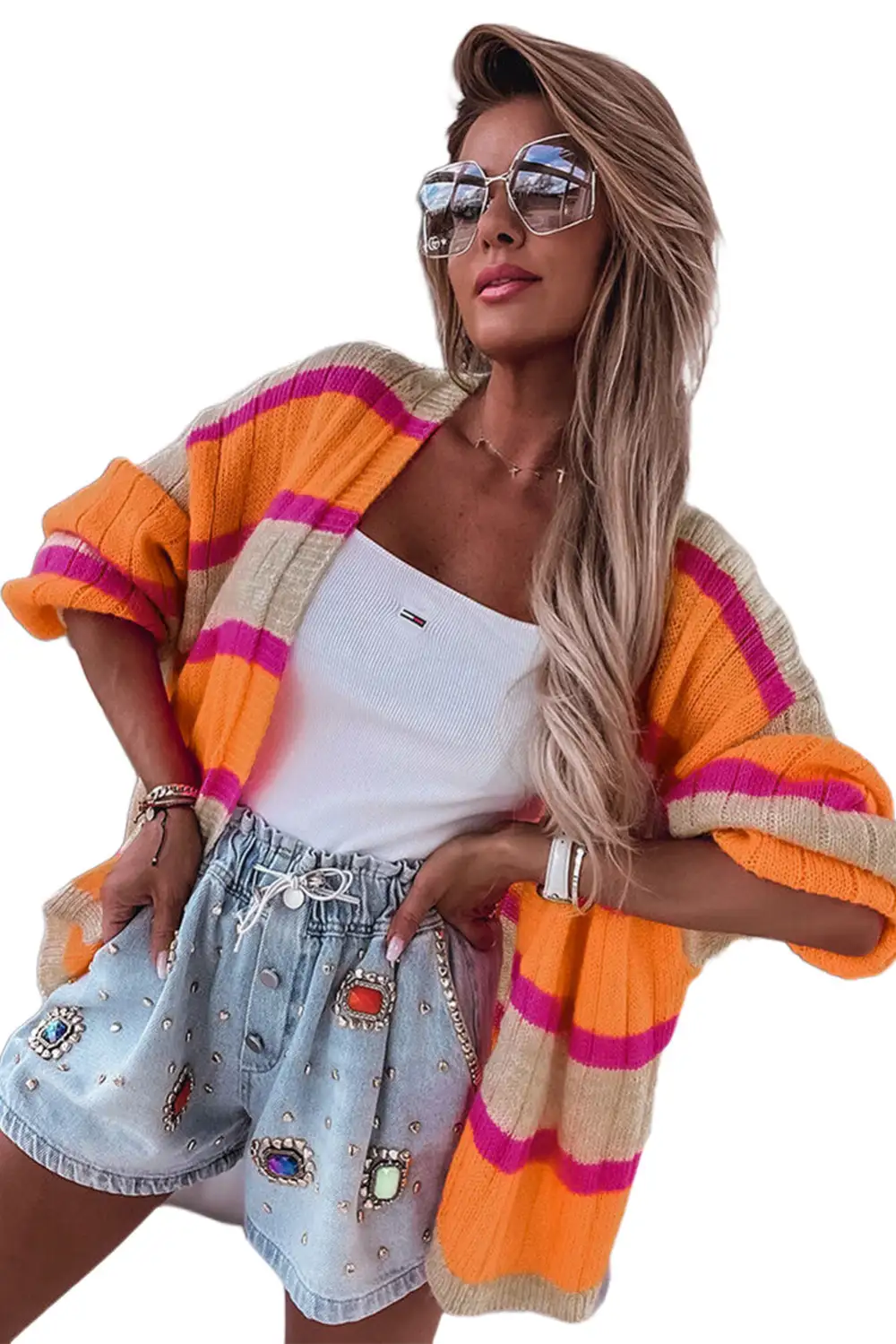 Striped Colorblock Drop Shoulder Slouchy Cardigan