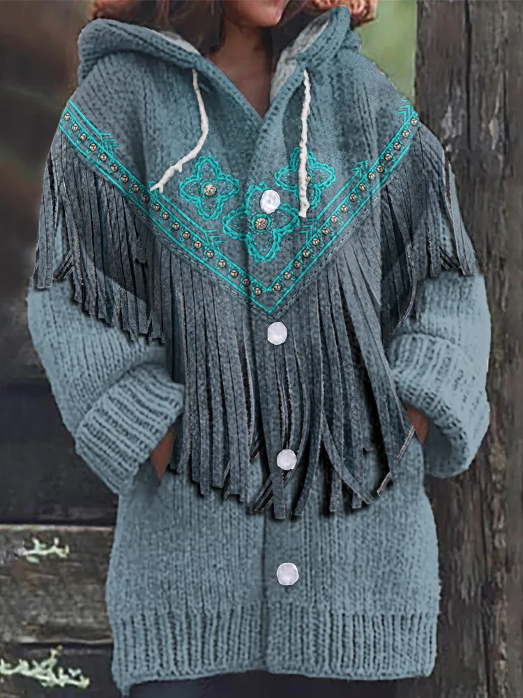 Western Tassel Flower Art Cozy Hooded Cardigan