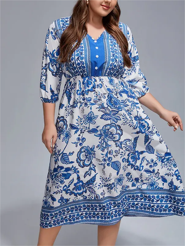 Plus Floral V-Neck Lantern Sleeve Boho Midi Dress