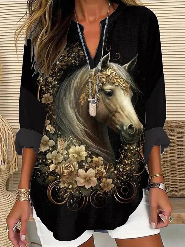 Women'S Vintage Horse Art Print Loose Casual Shirt