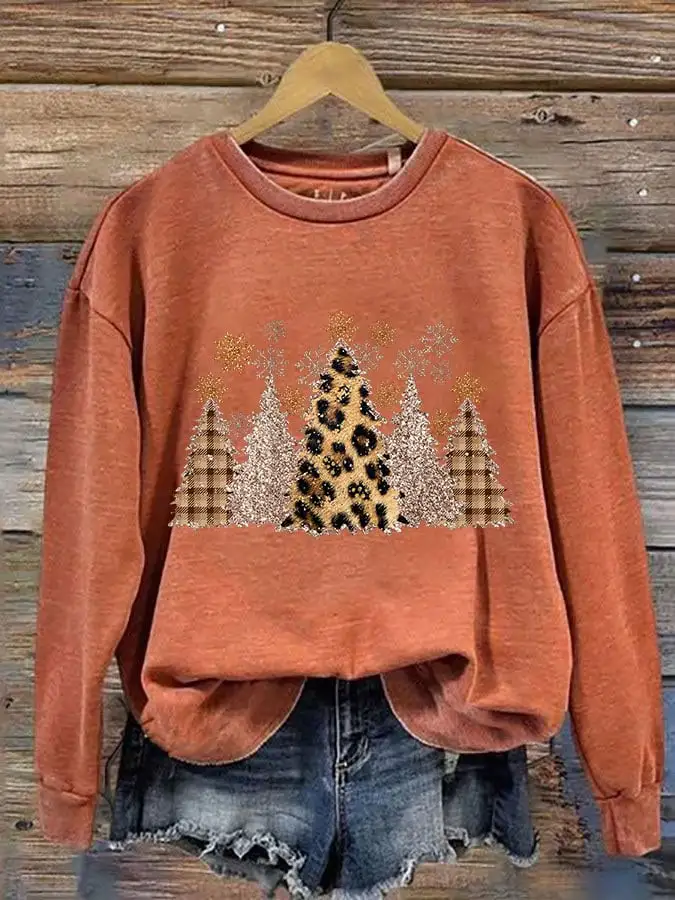 Women's Leopard Check Christmas Tree Print Crew Neck Sweatshirt