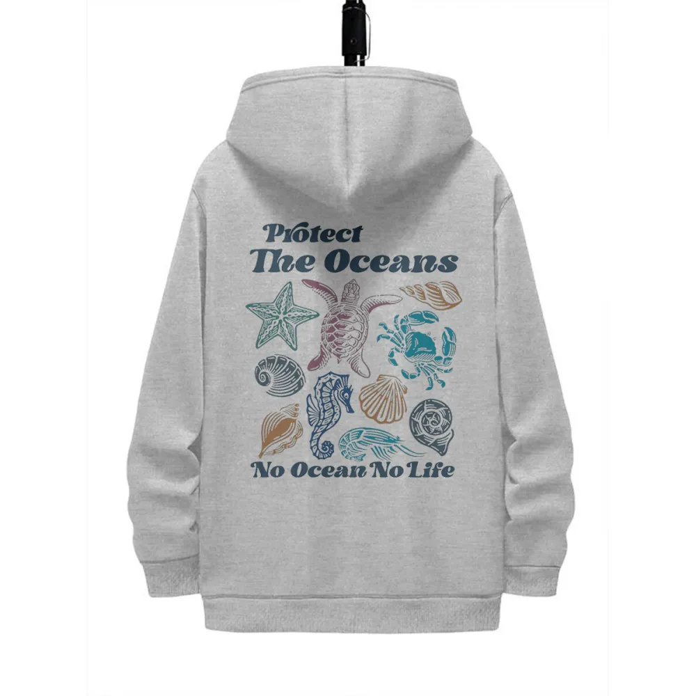 NO OCEAN NO LIFE PATTERN PRINTED HOODIE