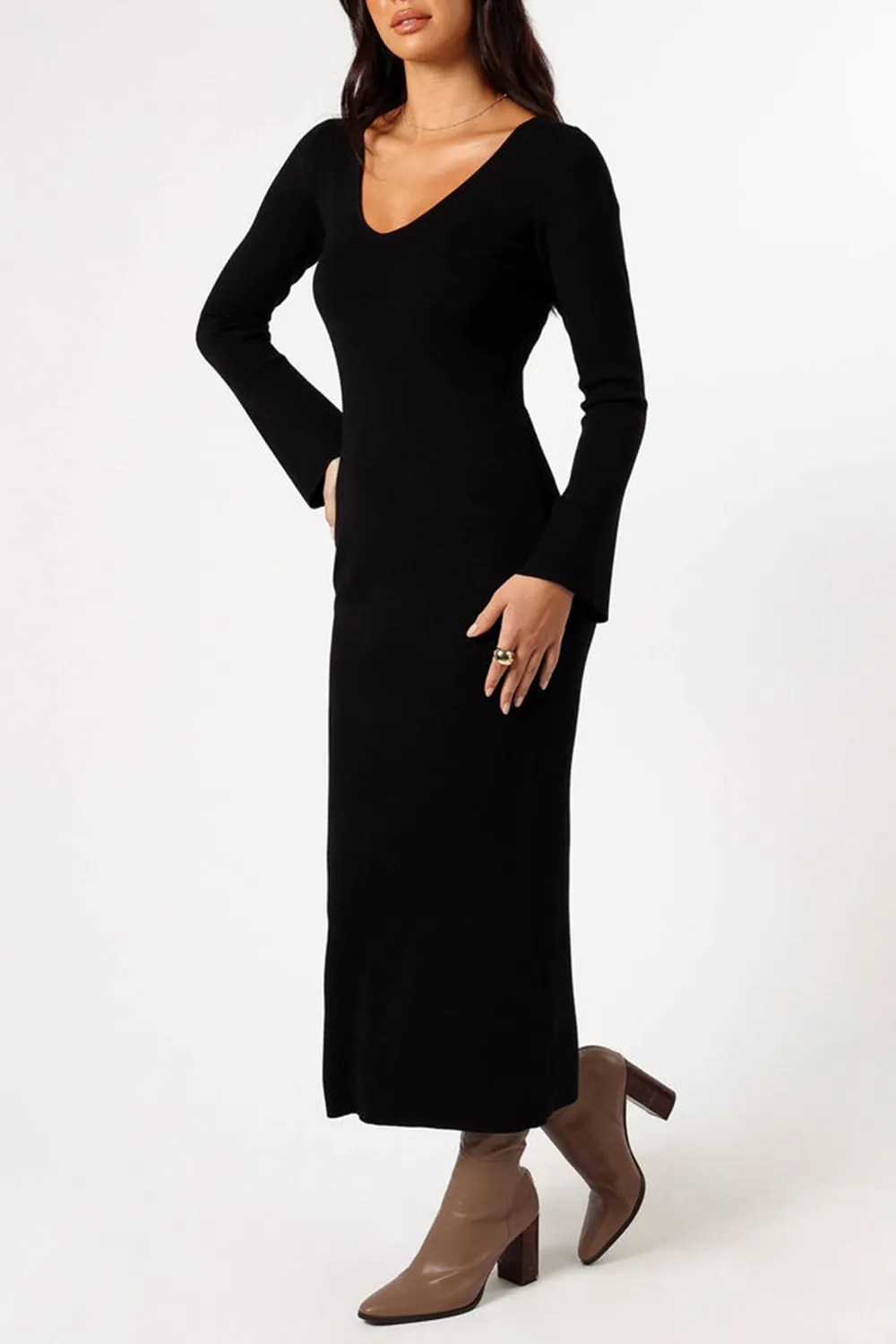 LINA LONG SLEEVE MIDI DRESS - BLACK