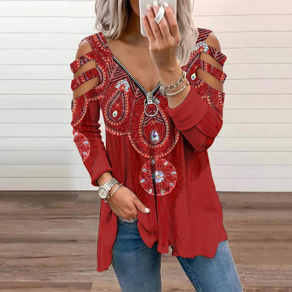 Vintage   Ethnic Water Drop Pattern Women'S Off-Shoulder T-Shirt