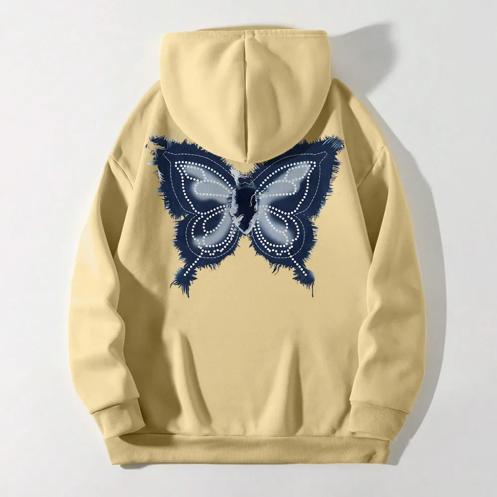 Denim texture butterfly print pattern women's fashion hoodie