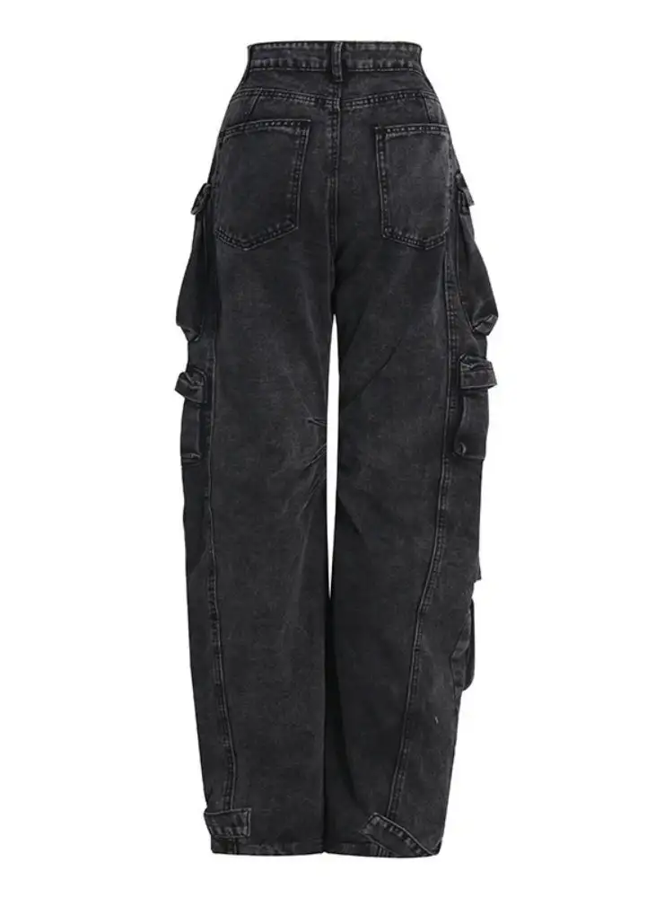 Smoke-gray Stitching Multi-pocket Wide-leg Pants