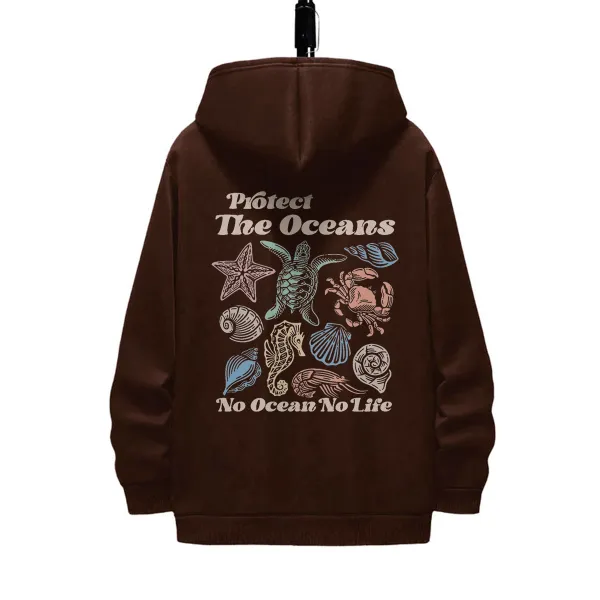 NO OCEAN NO LIFE PATTERN PRINTED HOODIE