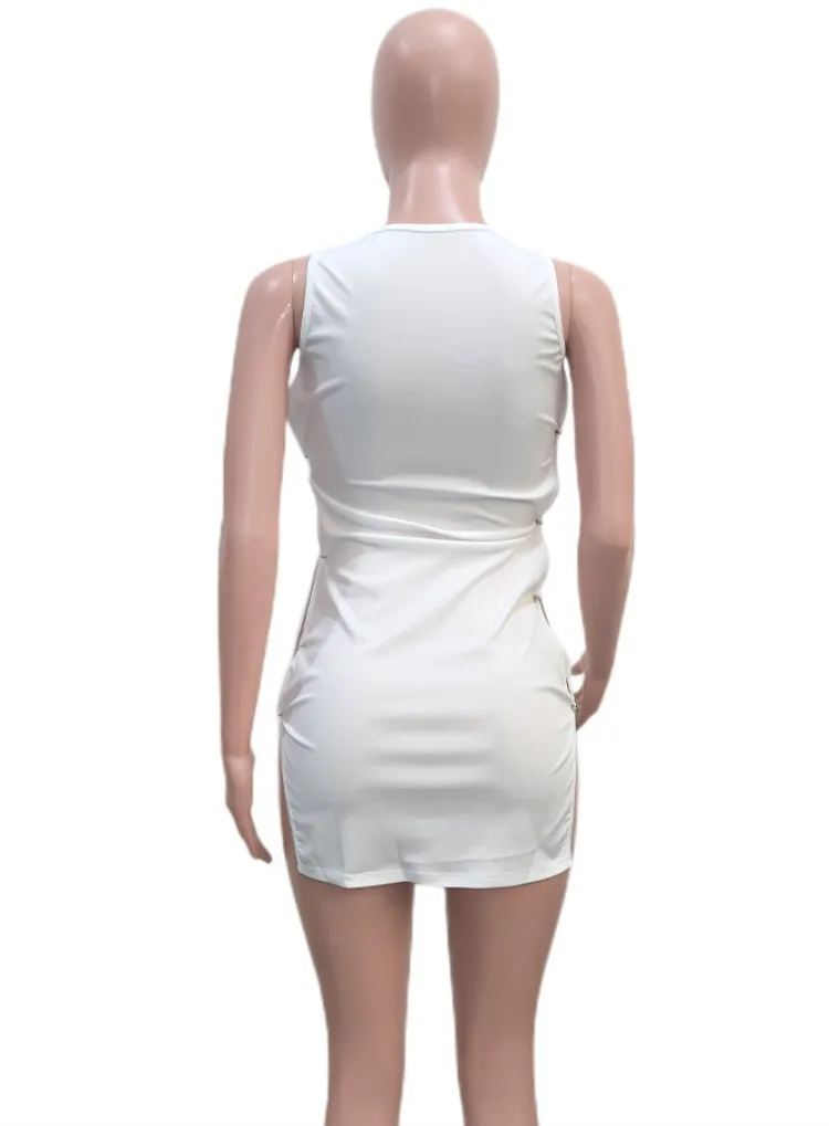 Women Summer White Sexy Strap Sleeveless Letter Print Ripped Mini Sheath Club Dress