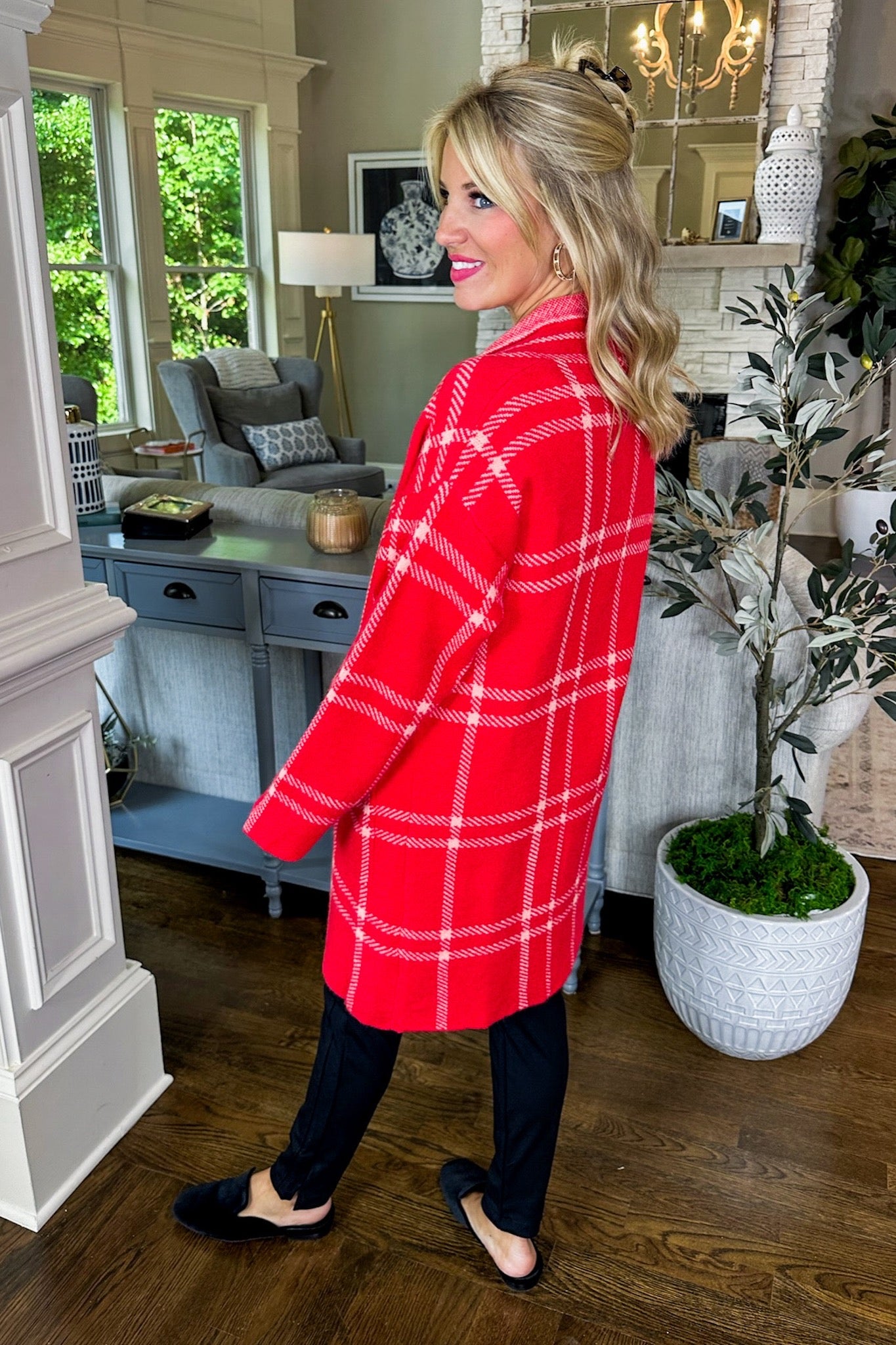 Oversized Red Plaid Pocketed Long Open Cardigan